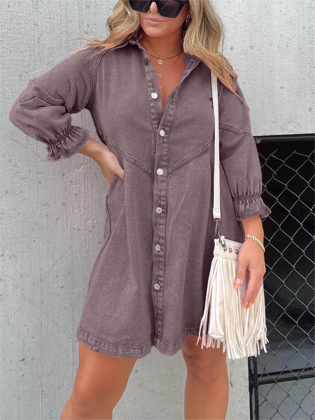 Nola | Chic Turn-Down Collar Denim Midi Dress Taupe