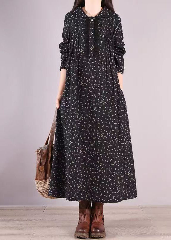 Floral Print Peter Pan Collar Lace Trim Button Front Long Sleeve Maxi Dress