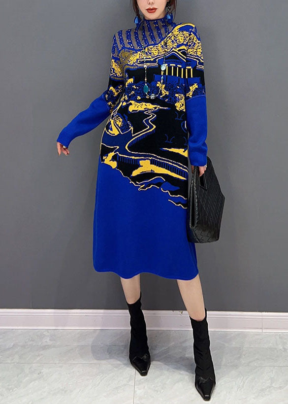 Landscape Graphic Print Mesh Insert Mock Neck Long Sleeve Knit Midi Dress