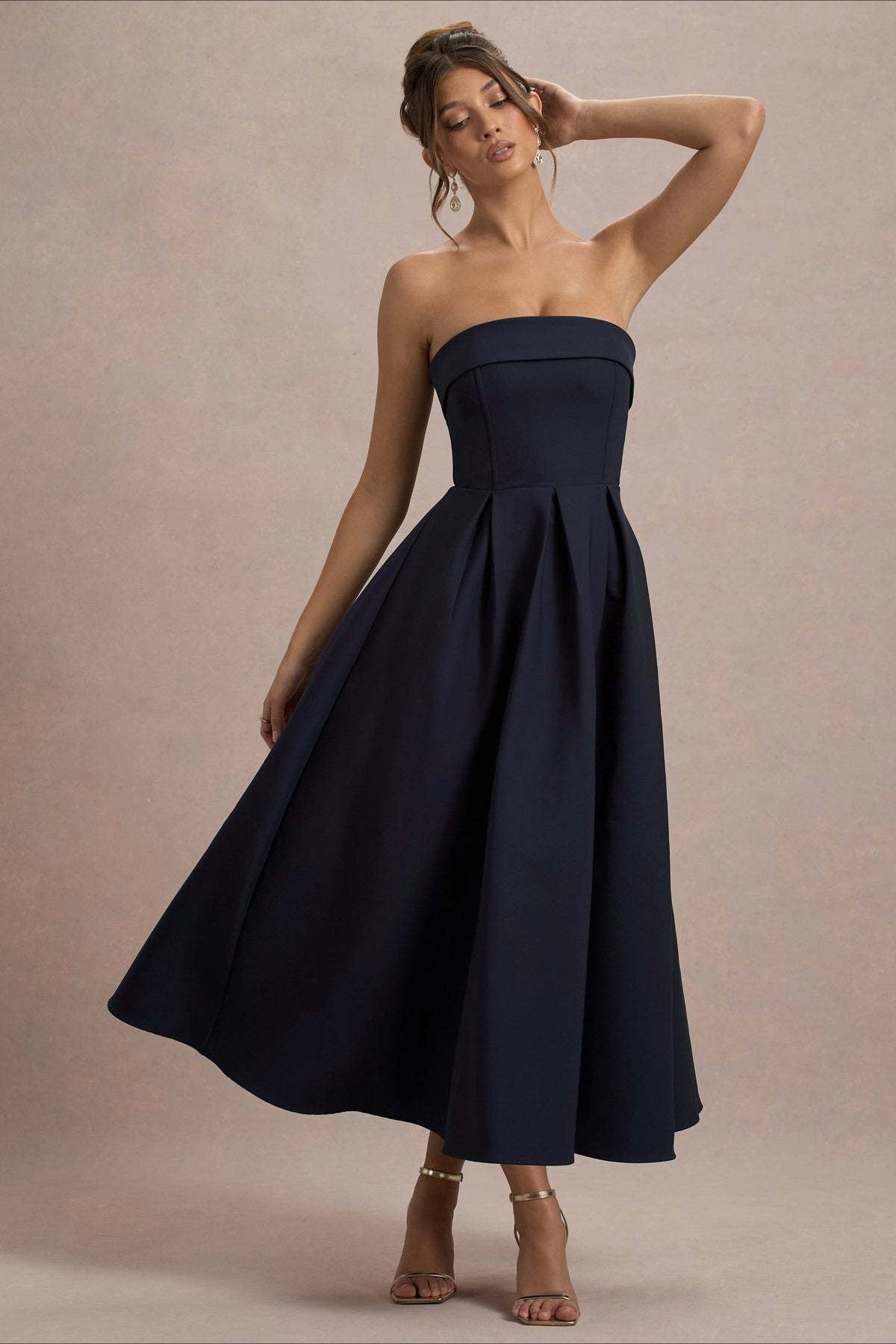 Strapless Fold Over Neck Box Pleat A-Line Midi Cocktail Dress
