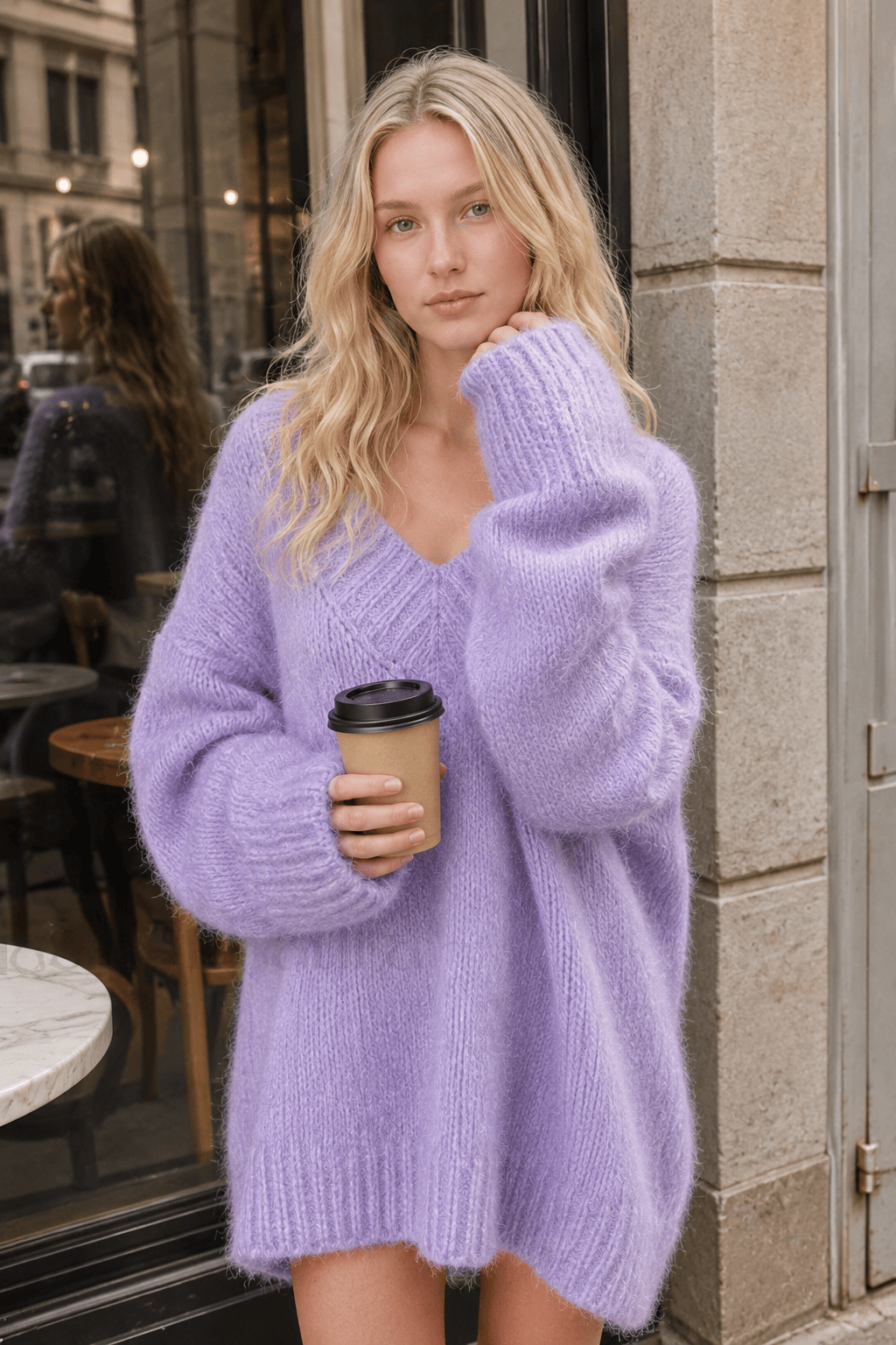 Elegant Purple Deep V Neck Knitted Pullover Casual Long Sleeves Loose Sweater