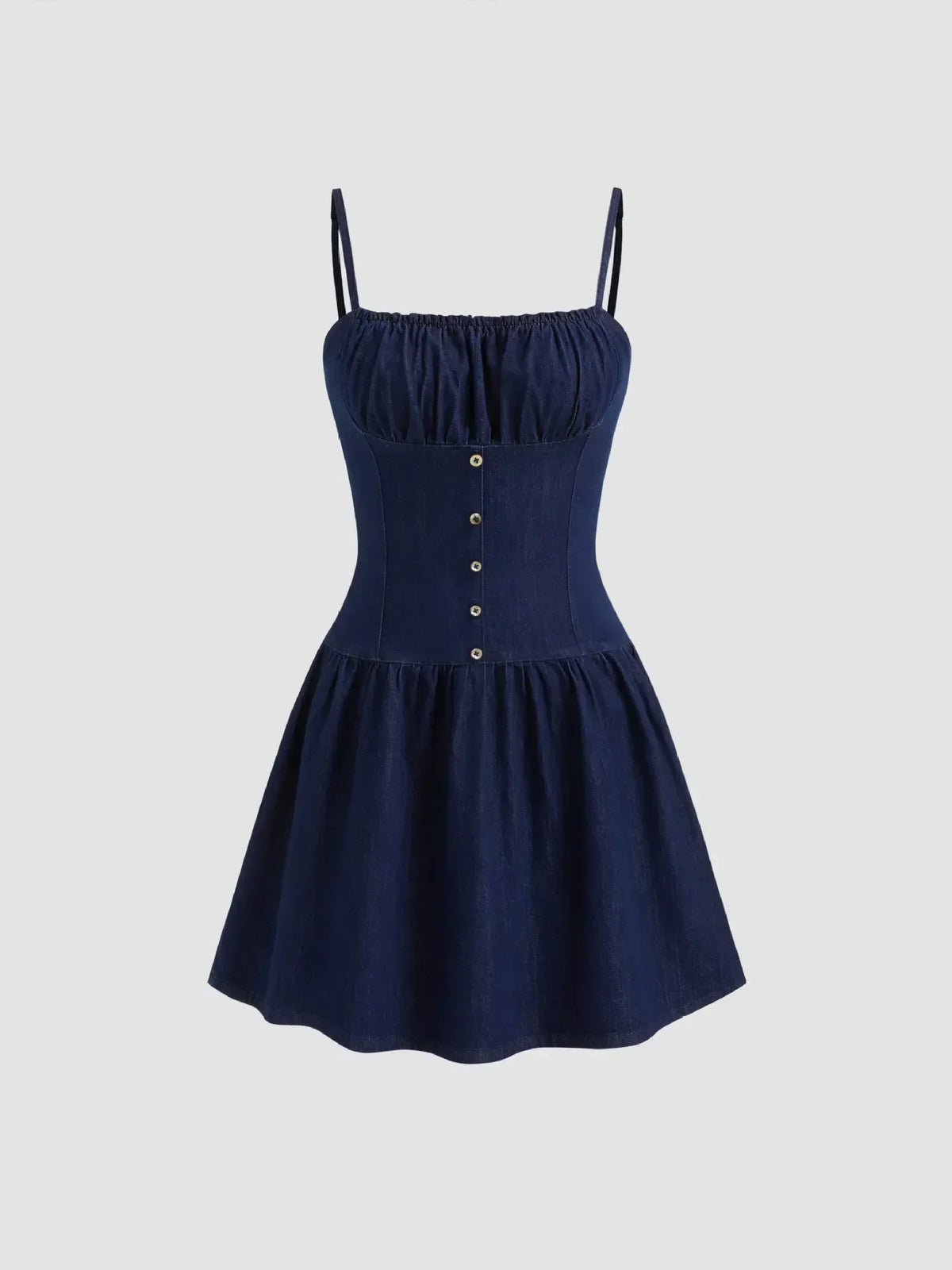Denim-Look Ruched Bust Button Front Cami Skater Mini Dress 3