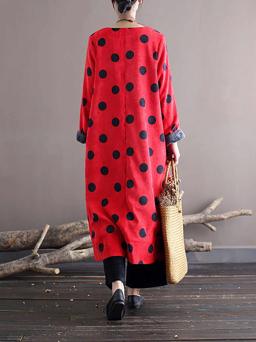 Polka Dot Corduroy Crew Neck Long Sleeve Oversized Midi Dress