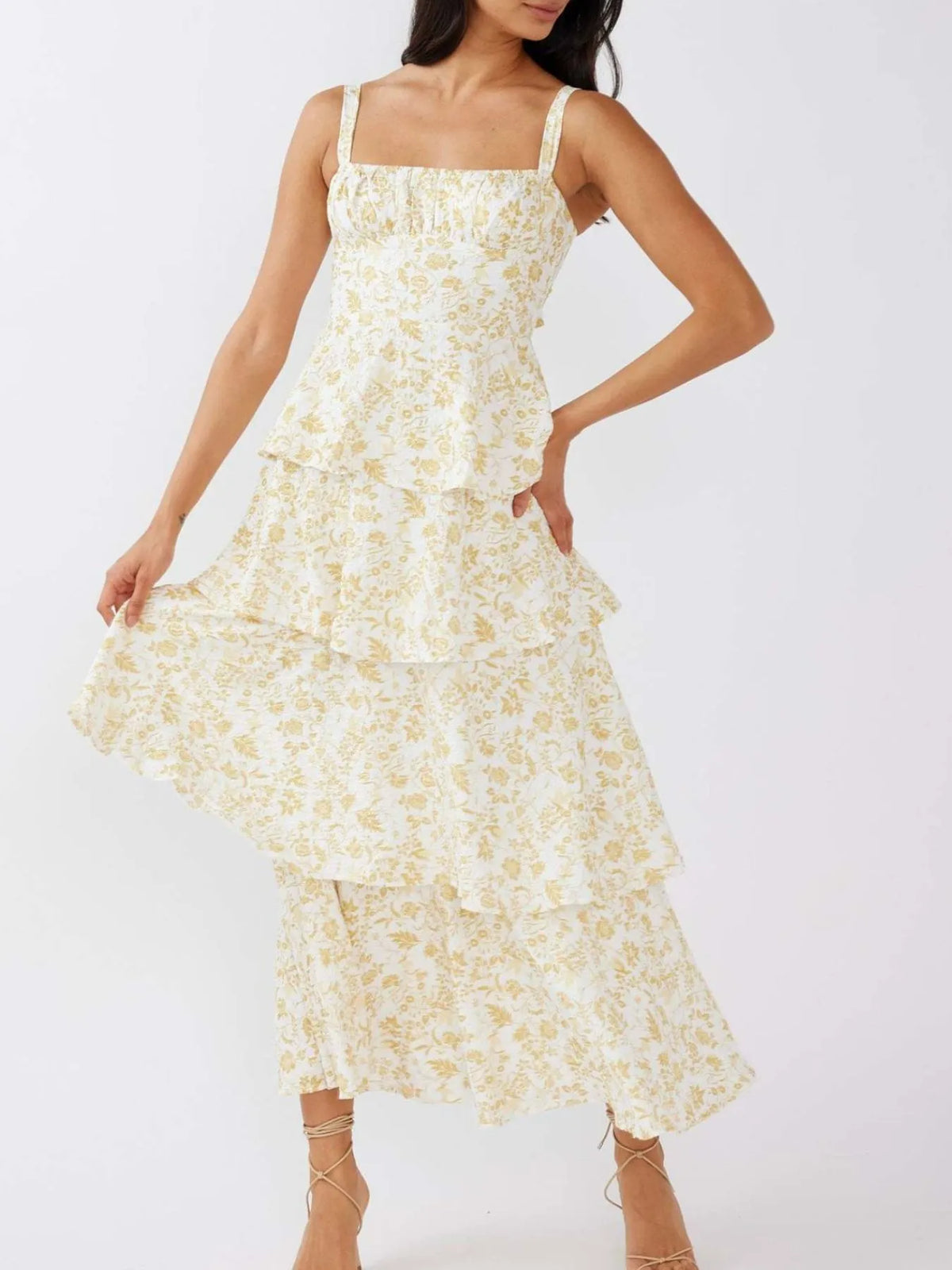 Floral Print Square Neck Cami Tiered Ruffle Maxi Dress 8