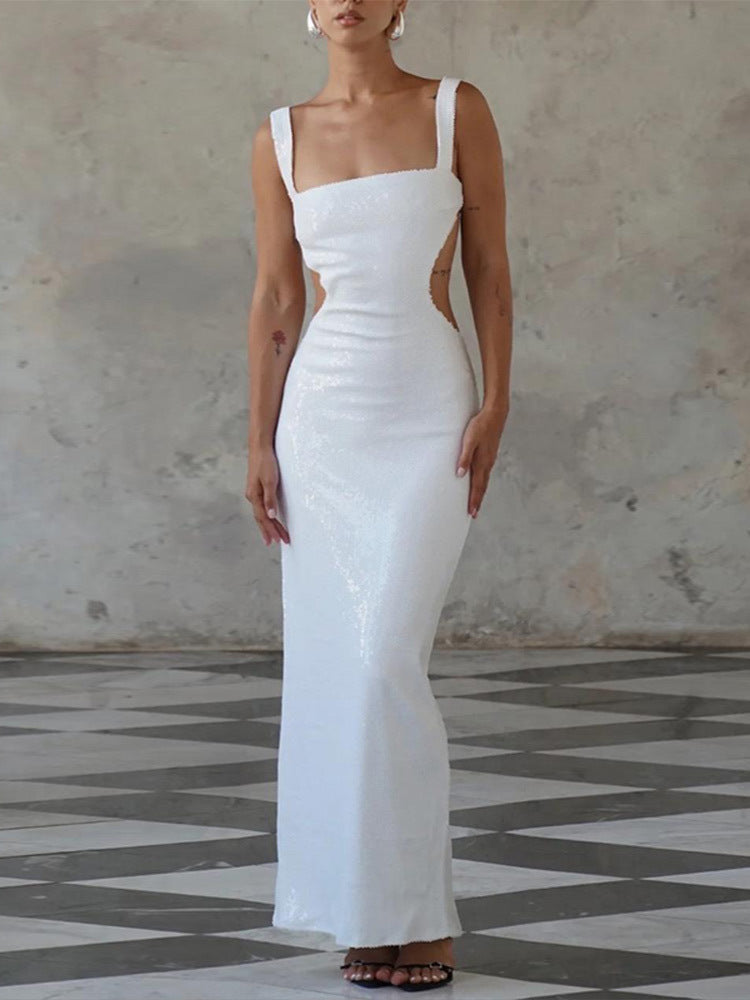 Sequin Square Neck Cut Out Backless Mermaid Maxi Dress