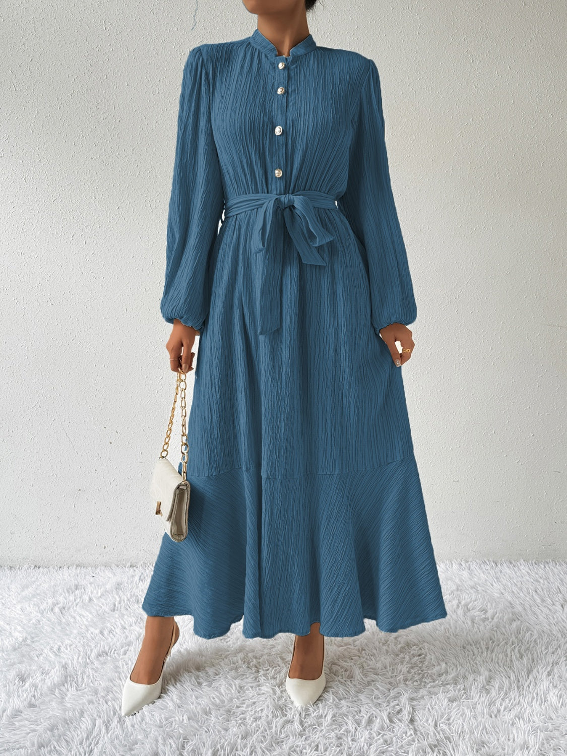 Plisse Mandarin Collar Button Front Bishop Sleeve Tie Waist Tiered Maxi Dress