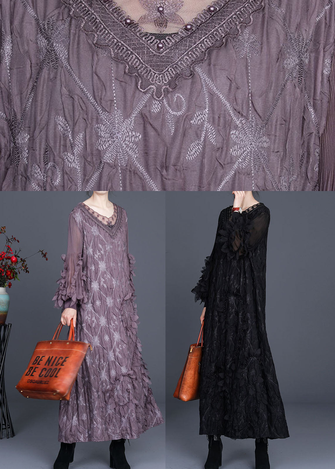 Embroidered Lace Trim V-Neck Leaf Appliqué Long Sleeve Crinkled Maxi Dress