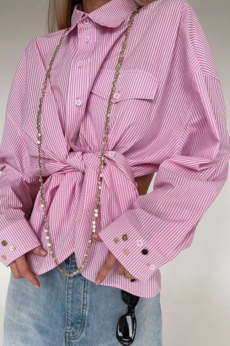 Striped Collared Tie Front Flap Pocket Oversized Shirt