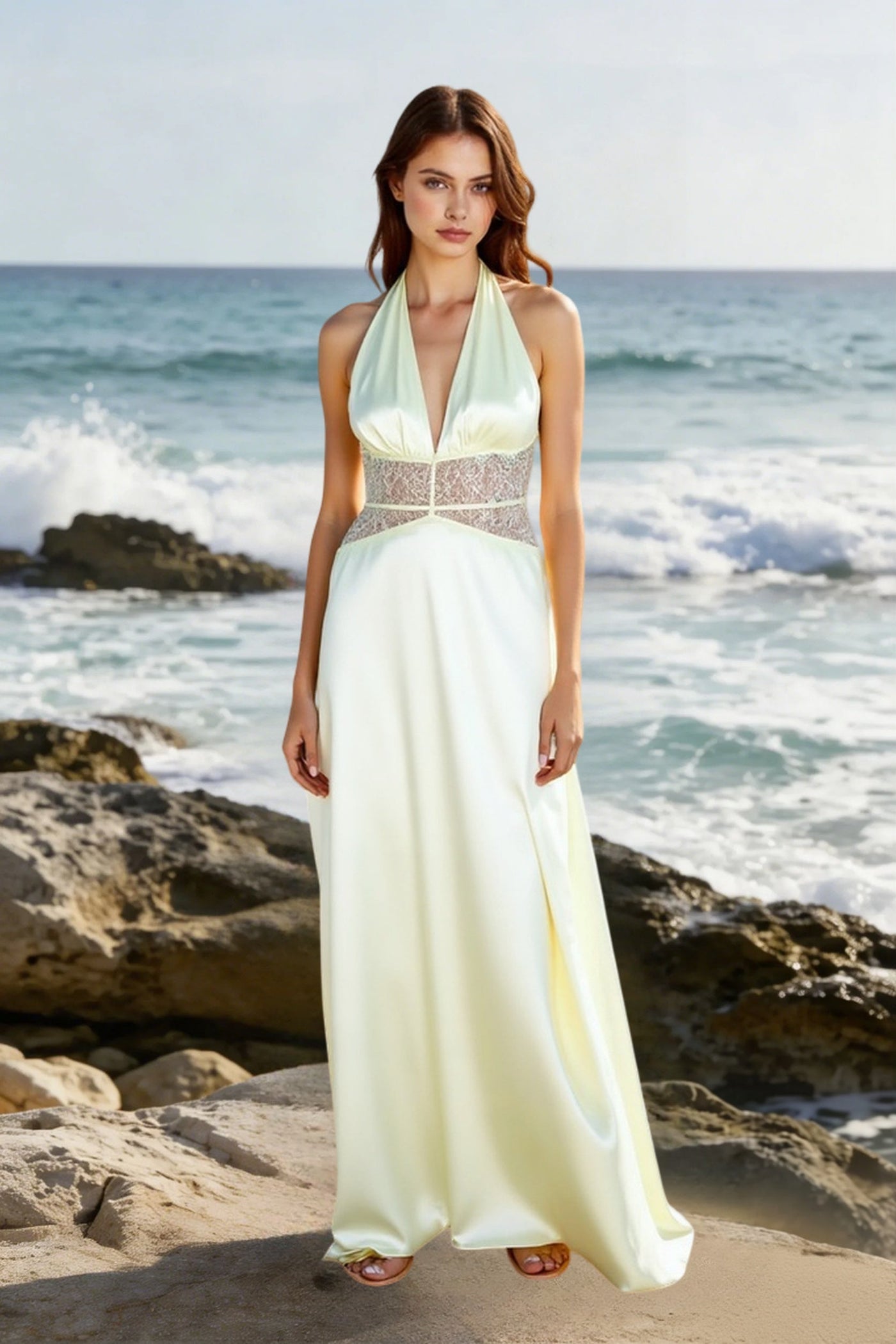 Deep V Halter Satin Slip Prom Dress
