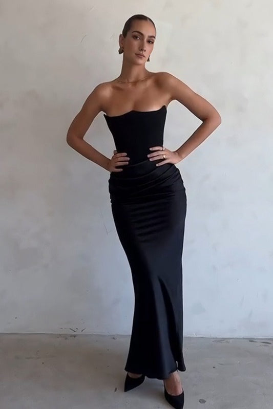 Satin Strapless Corset Bodice Ruched Waist Mermaid Maxi Dress 2