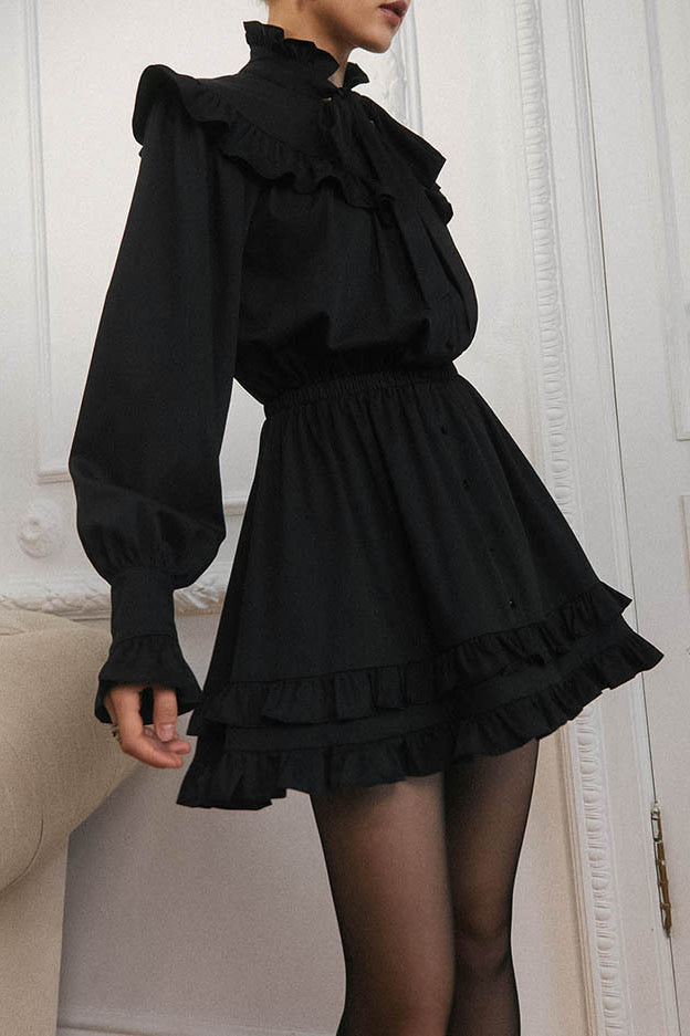 Elegant Bow Tie Lace Up Long Sleeve A Line Mini Dress - View 5