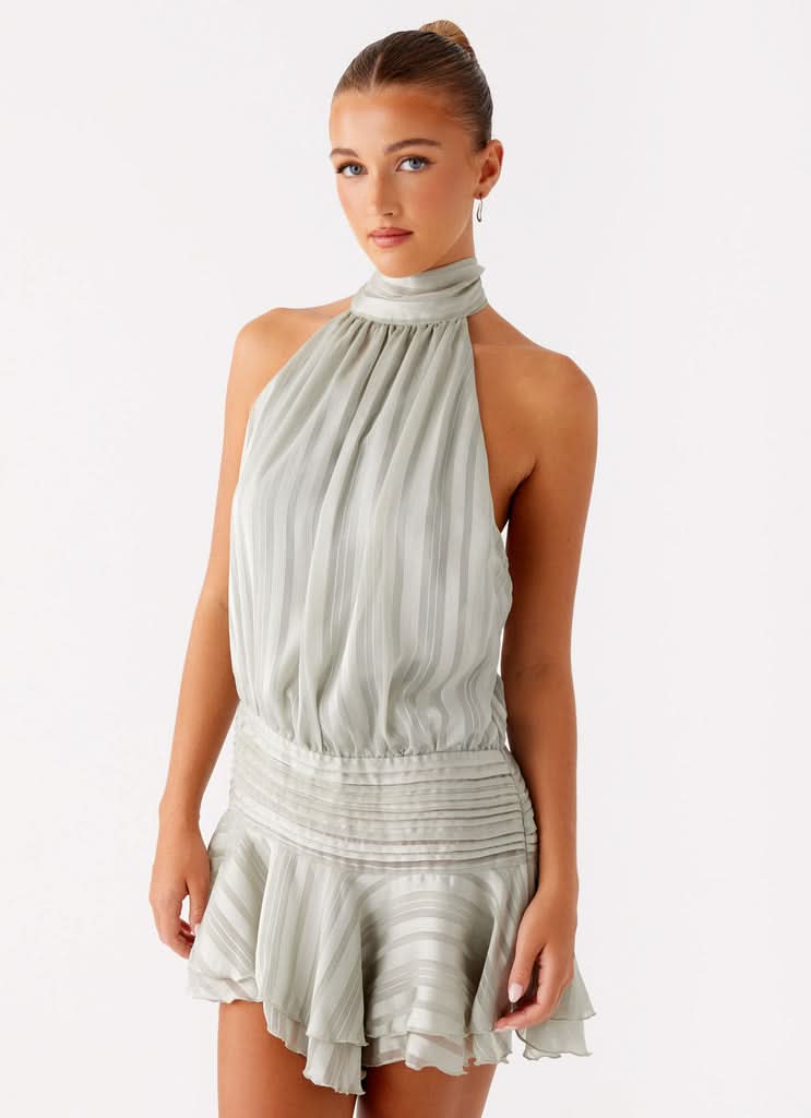 Striped Chiffon High Neck Halter Drop Waist Ruffle Mini Dress 10