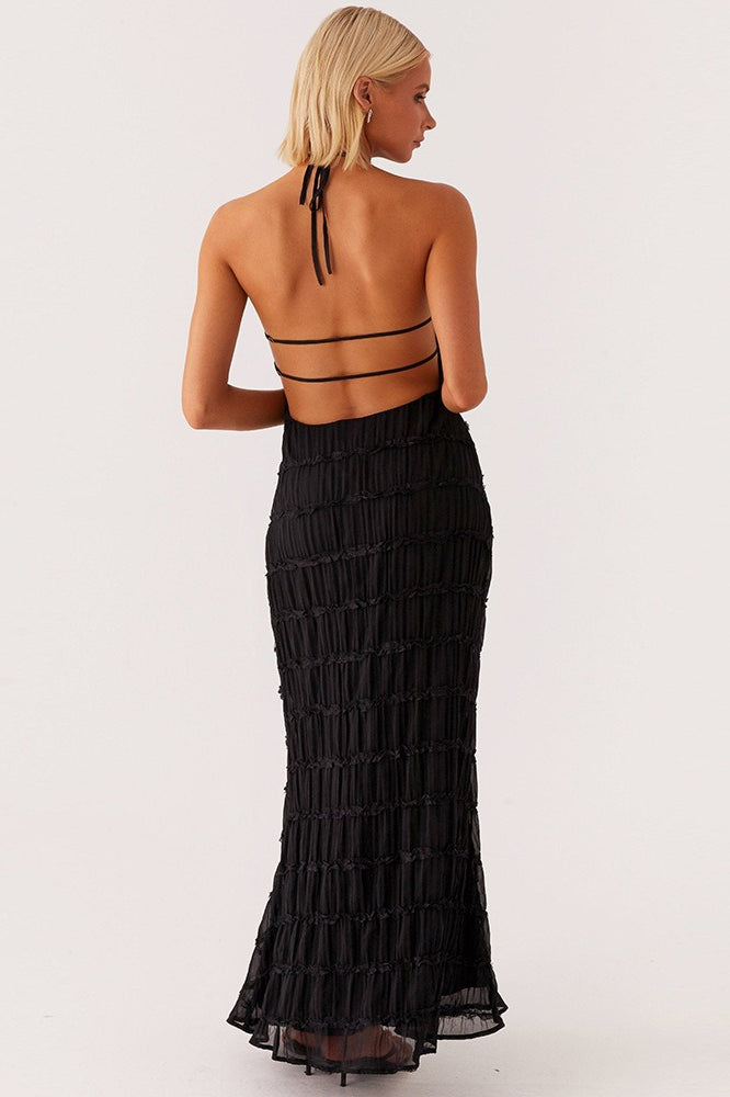 Backless Edition Ruched Striped Tie Ruffled Maxi Boho Dress
