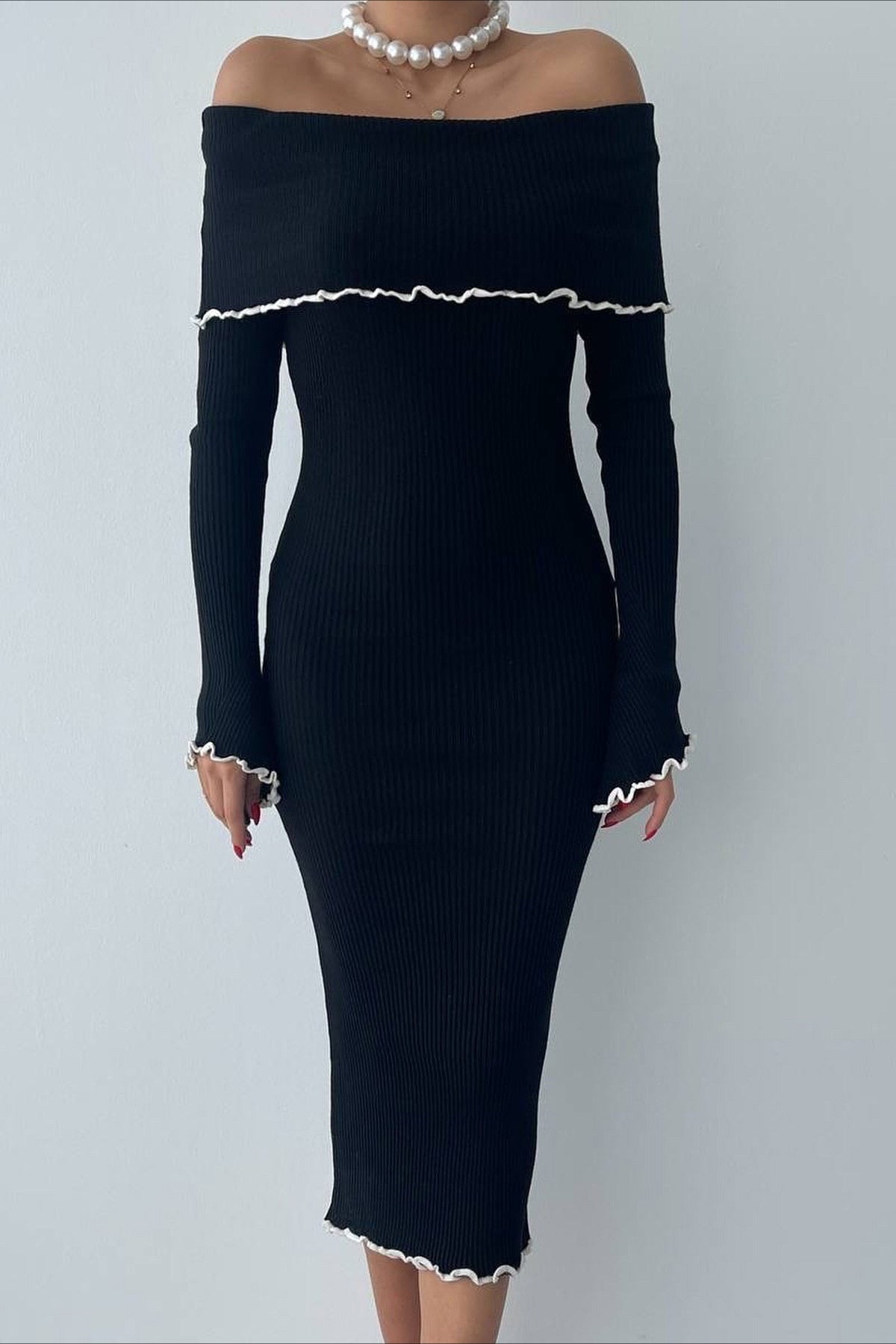 Ribbed Off Shoulder Color Block Knit Sweater Dress