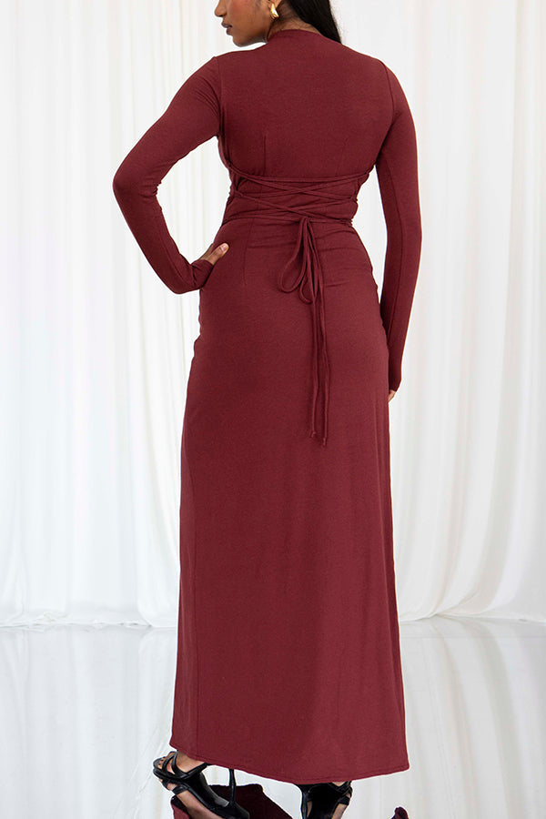 Long Sleeve High Neck Ruched Side Ruffle Slit Maxi Dress 9