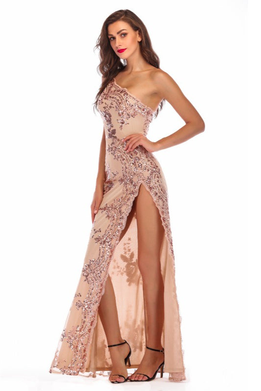 Sequin One Shoulder Sheer Mesh High Split Maxi Gown - View 3