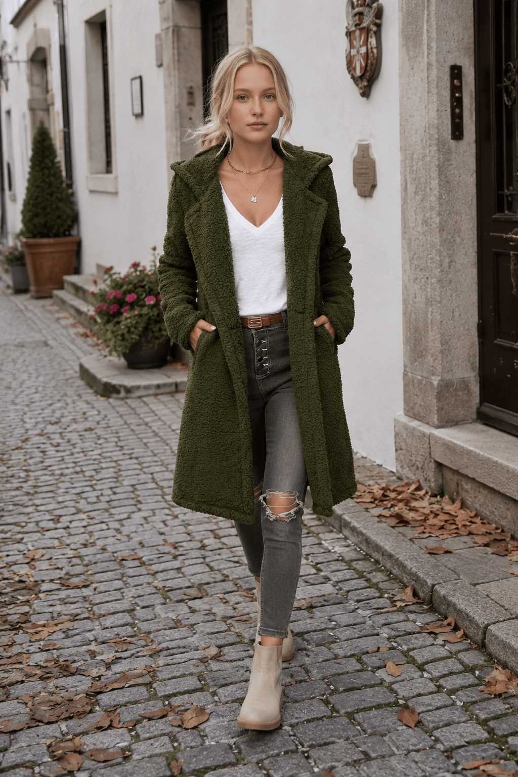 Mid-Length Fuzzy Lapel Coat