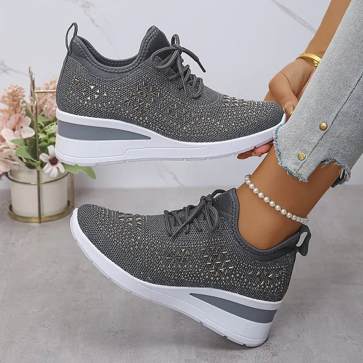 Rhinestone Mesh Lace Up Wedge Sneakers