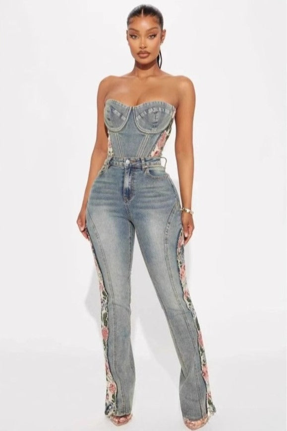 High Waist Floral Side Panel Seamed Flare Jeans