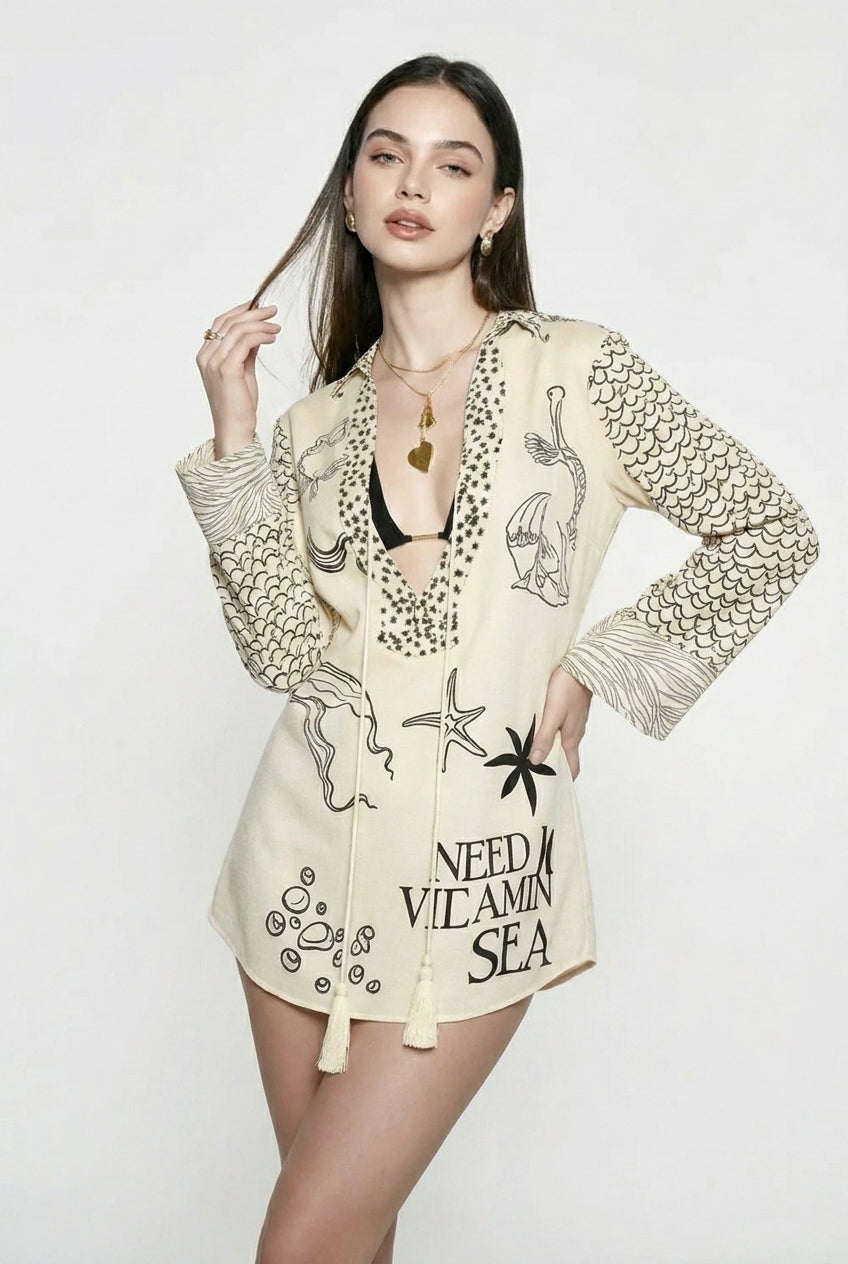 Sea Life Print Deep V-Neck Tassel Tie Long Sleeve Tunic Shirt 3