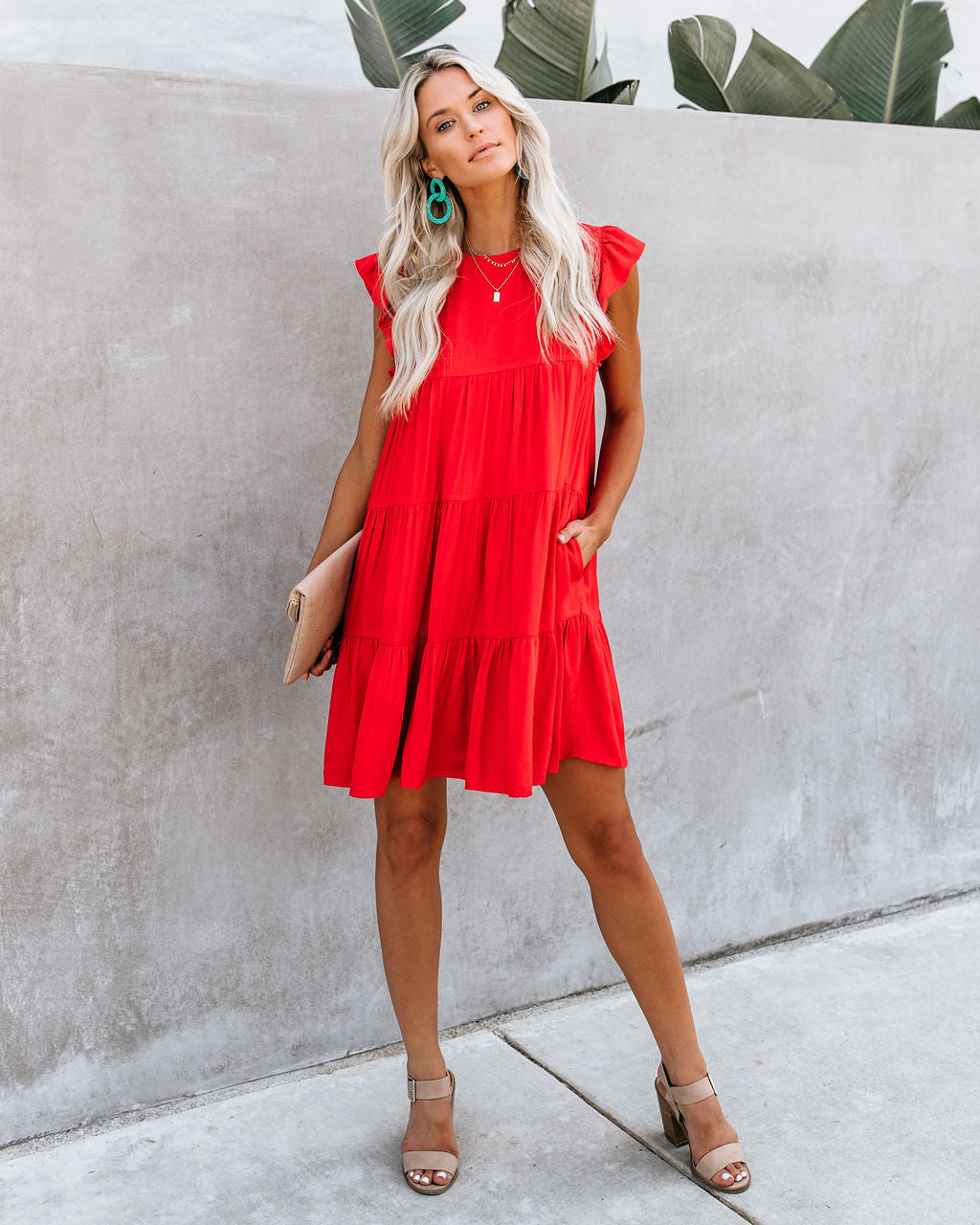 East Coast Pocketed Tiered Babydoll Dress Red