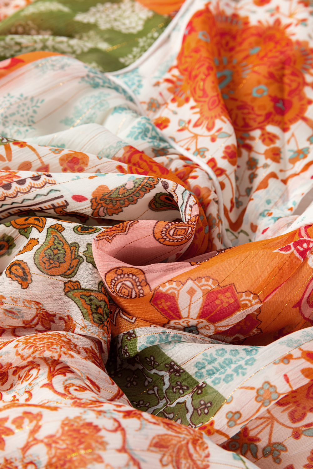 Orange Boho Paisley Mixed Print 3 4 Sleeve Chiffon Loose Dress