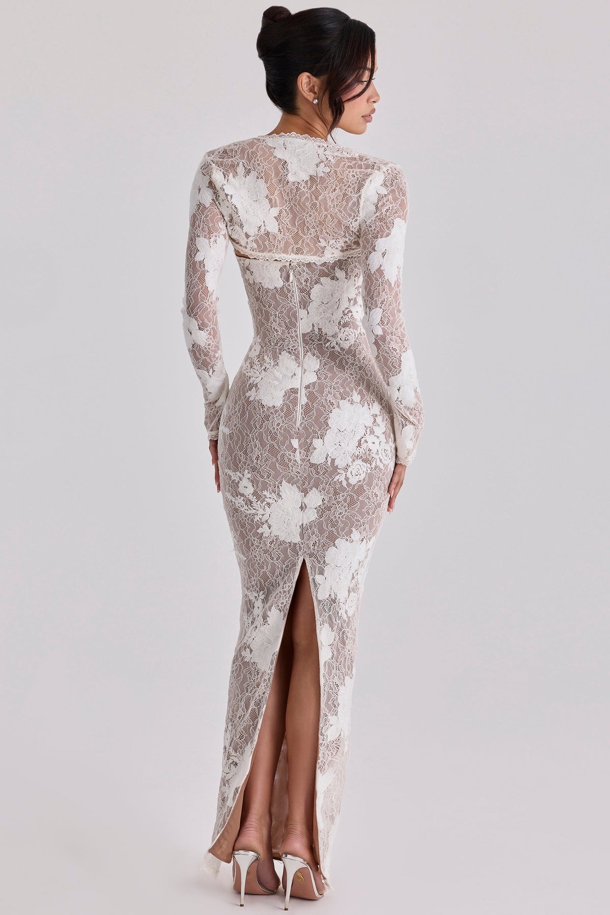 Floral Lace Sweetheart Bustier Long Sleeve Sheer Mermaid Maxi Gown 6