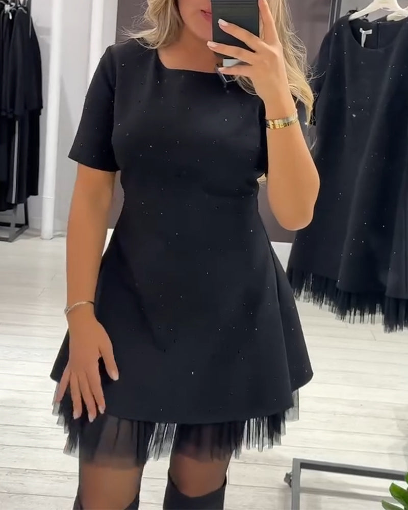 Rhinestone Tulle Hem Short Sleeve Fit and Flare Mini Dress