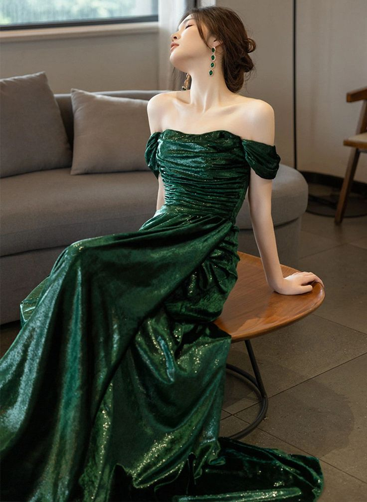 Beautiful Green Off Shoulder Evening Dress, Green Long Prom Dress cc1444