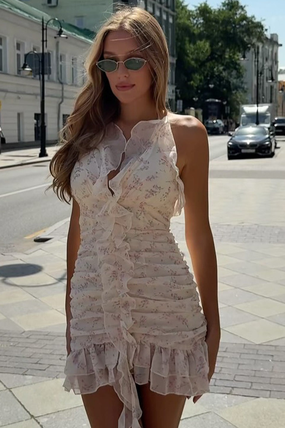 Floral Halter Deep V-Neck Ruffle Ruched Bodycon Mini Dress