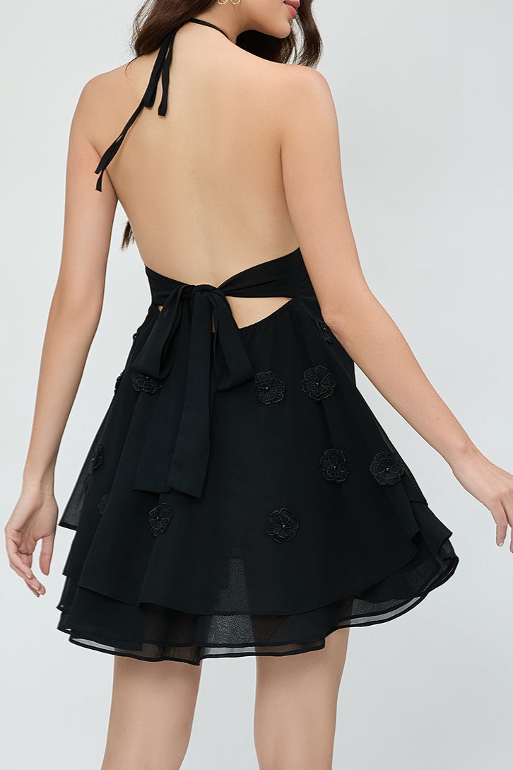 Halter Neck 3D Floral Tiered Ruffle Swing Mini Dress