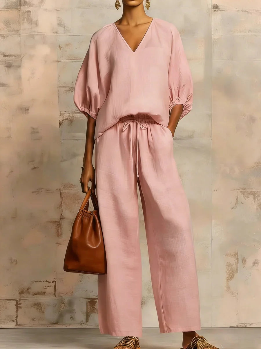 V-Neck Puff Sleeve Top and Wide Leg Pants Two Piece Set