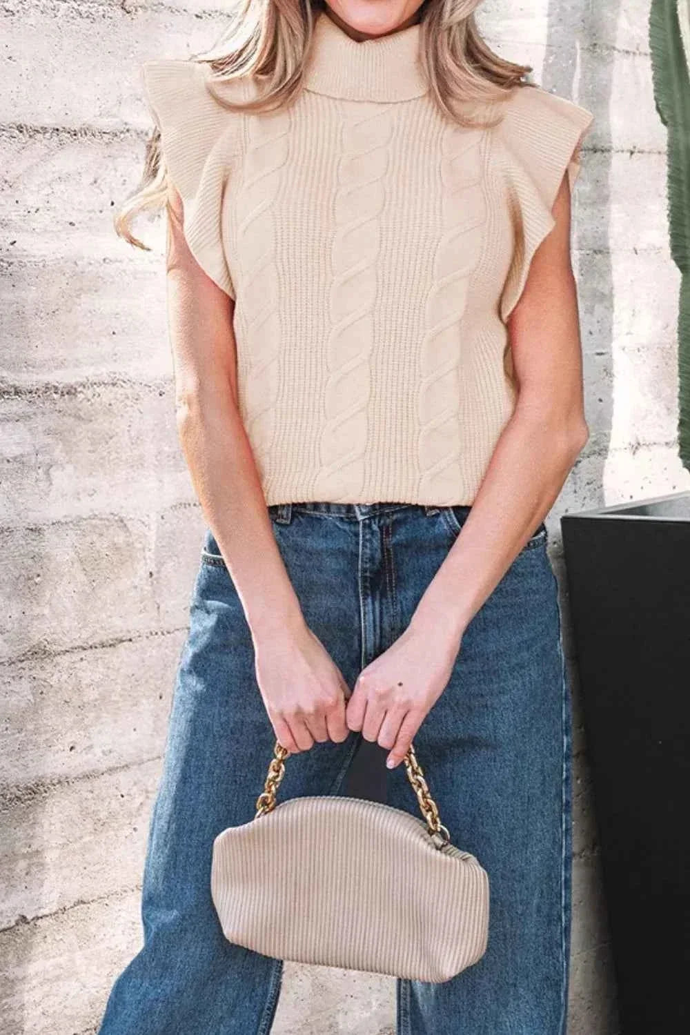 Turtleneck Ruffle Cap Sleeve Cable Knit Sweater 10
