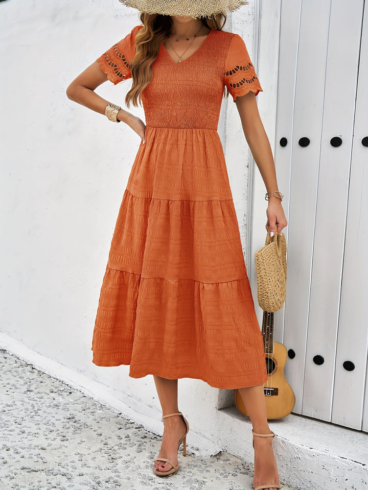 V-Neck Short Sleeve Smocked Bodice Cut Out Trim Tiered Midi Dress 2