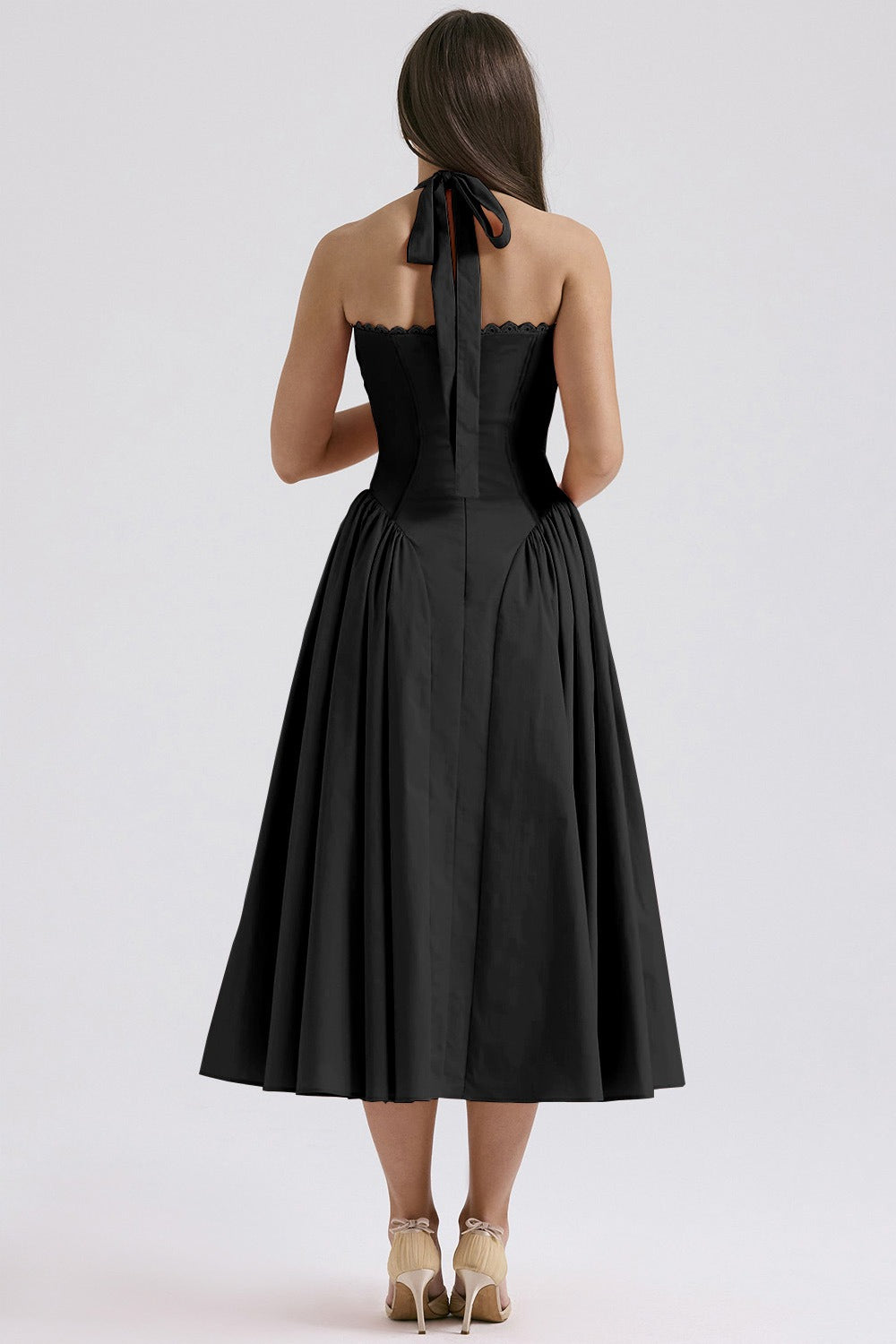 Halter Neck Ruched Corset Fit and Flare Midi Dress