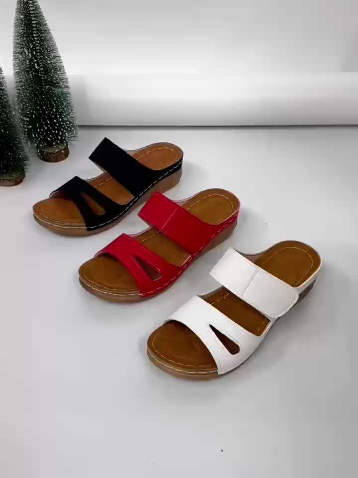 Open Toe Double Strap Hook and Loop Wedge Slides 11