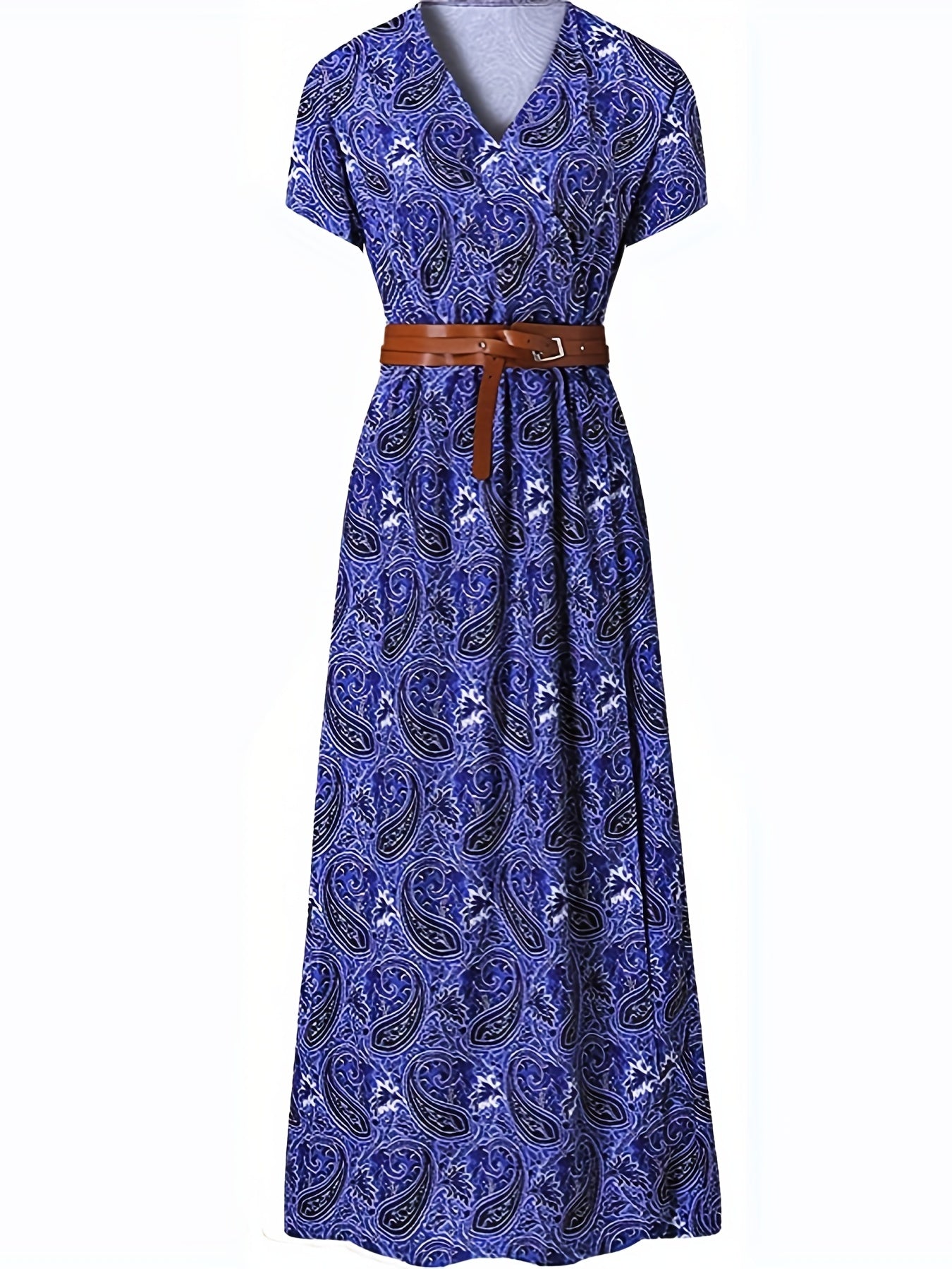 Paisley V-Neck Short Sleeve Belted Maxi Dress 4
