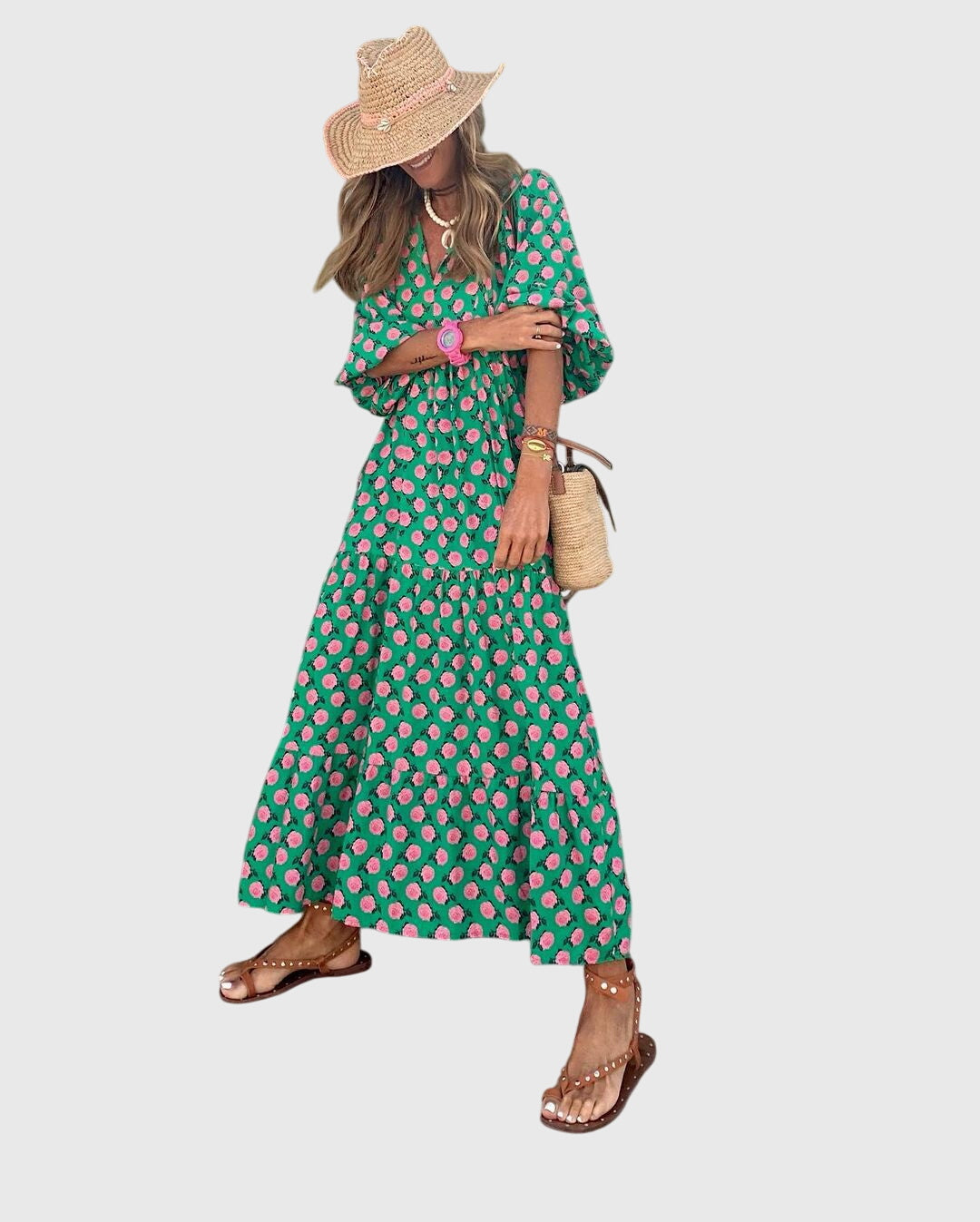 Floral Print Long Sleeve Tiered Boho Maxi Dress