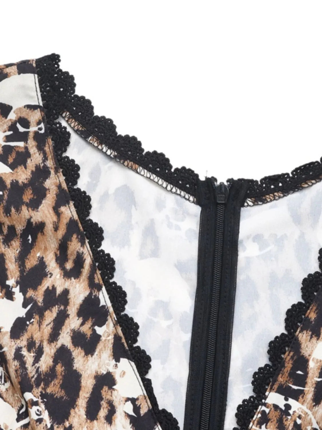 Leopard Print Deep V-Neck Ruffle Cap Sleeve Lace Trim Mini Dress 7