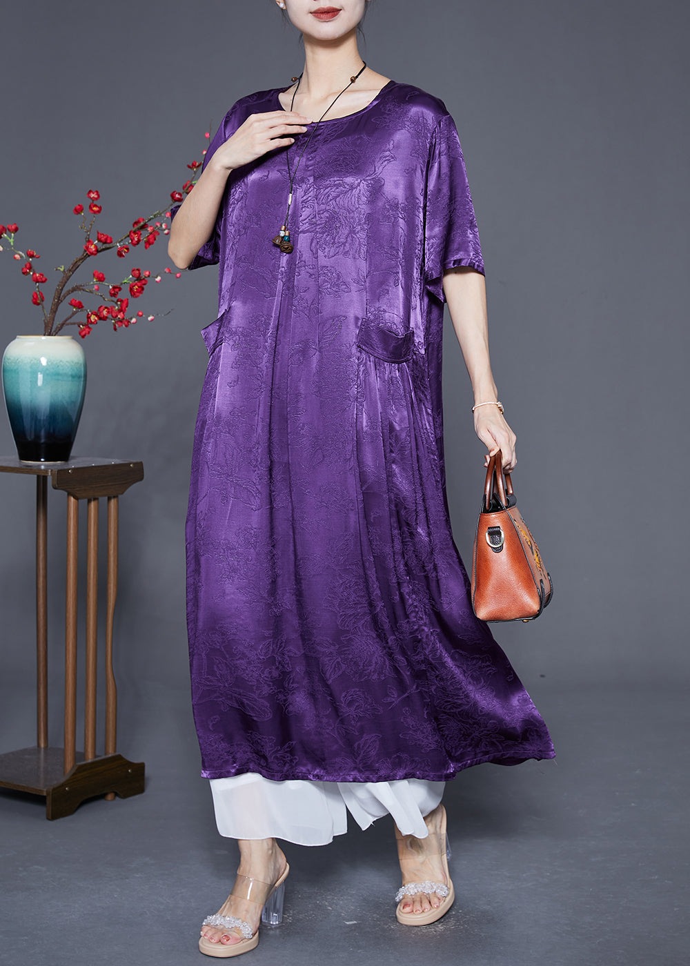 Jacquard Floral Patch Pocket Short Sleeve Round Neck Oversized Maxi Dress