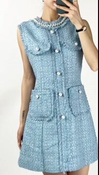 Pearl Collar Raw Fringe Trim Tweed Sleeveless Mini Dress
