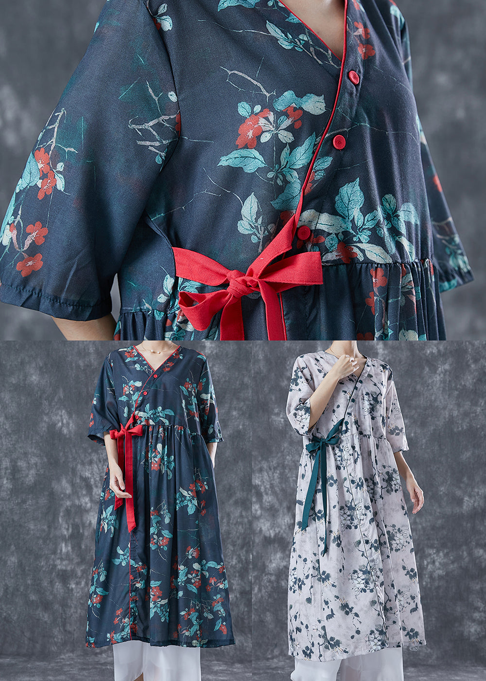 Floral Print V-Neck Wrap Side Tie Three Quarter Sleeve Pocket Midi Dress