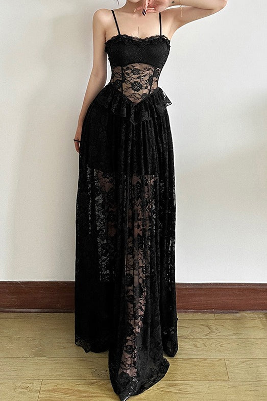 Sheer Lace Spaghetti Strap Corset Bodice Ruffle Waist Maxi Dress