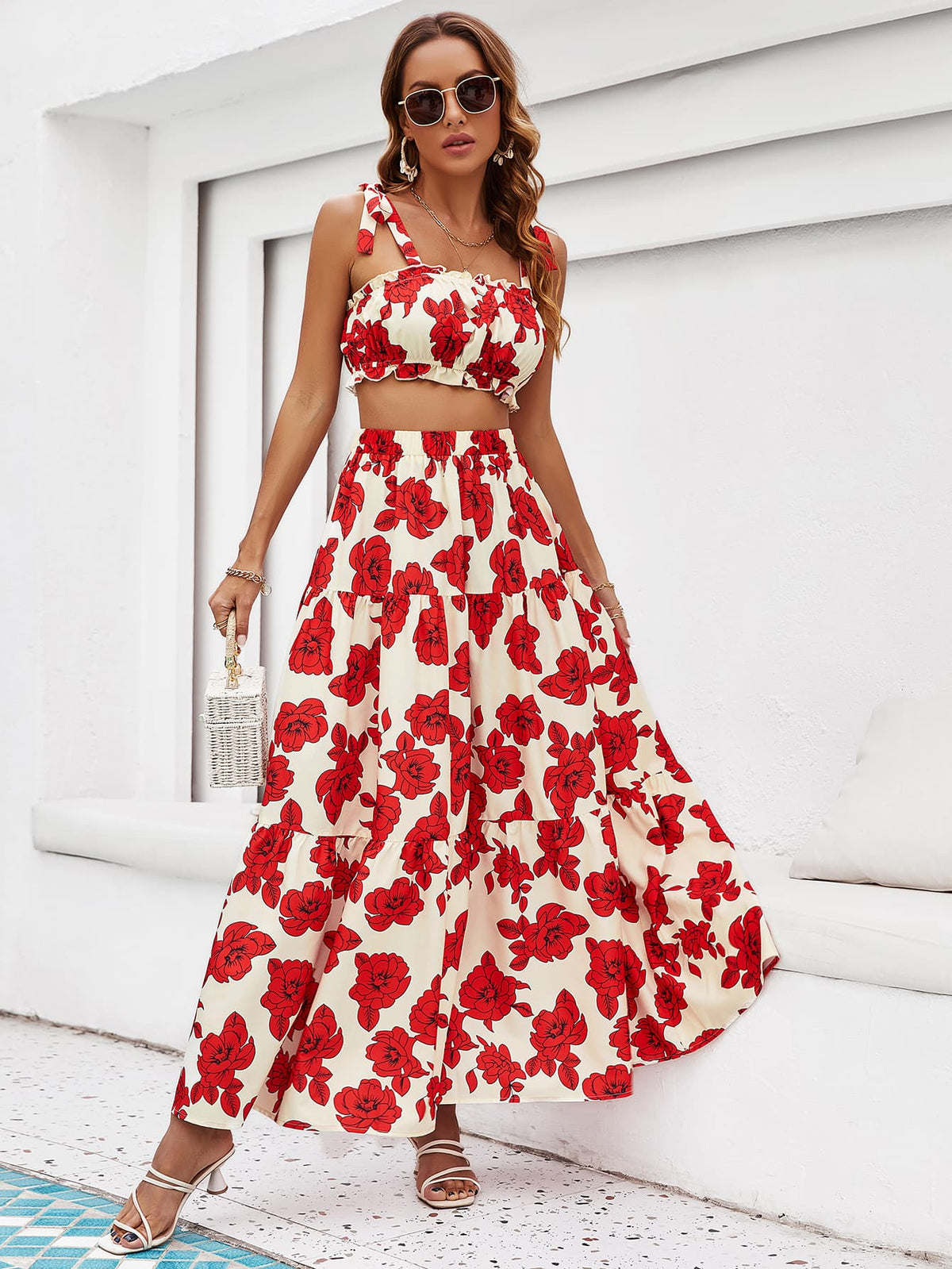 Floral Tie Shoulder Ruched Crop Top and Tiered Maxi Skirt Two Piece Set