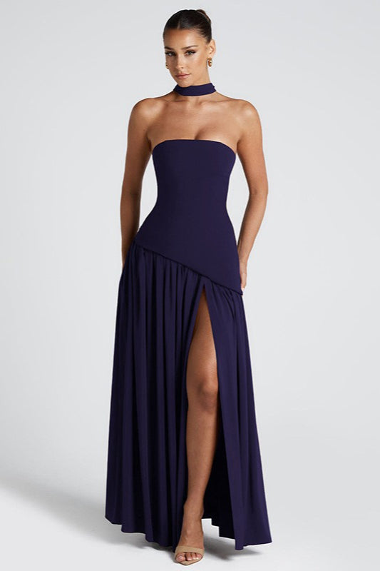 Strapless Slit Back Tie Detail Prom Dress