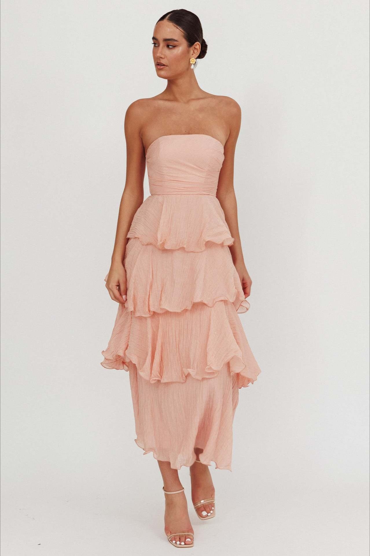 Strapless Tiered Ruffle Fit and Flare Midi Dress