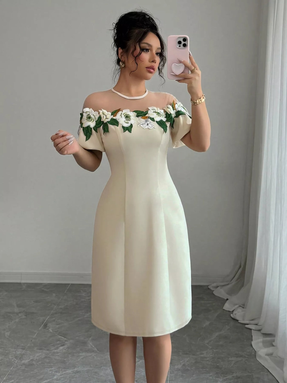 Floral Embroidered Mesh Yoke Puff Sleeve Sheath Midi Dress 4