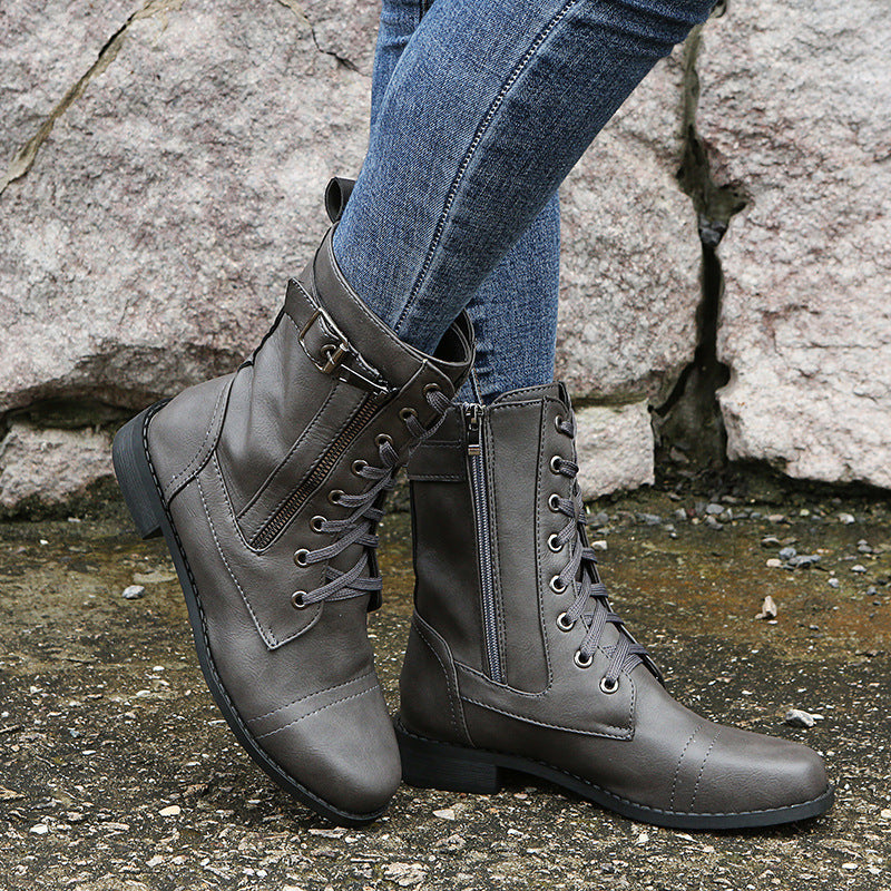 Lace Up Side Zip Buckle Block Heel Combat Boots