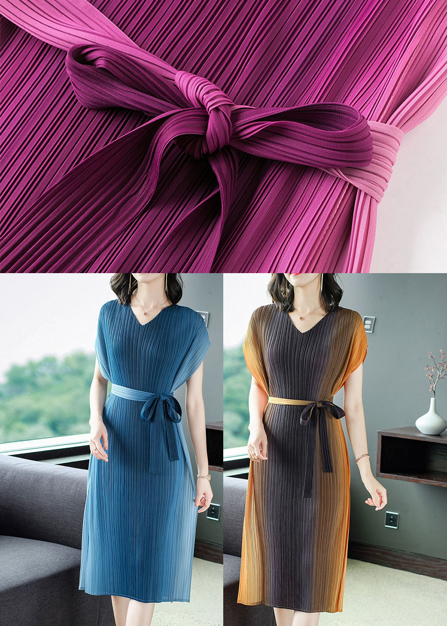 Pleated V-Neck Cap Sleeve Self Tie Belt Midi Dress