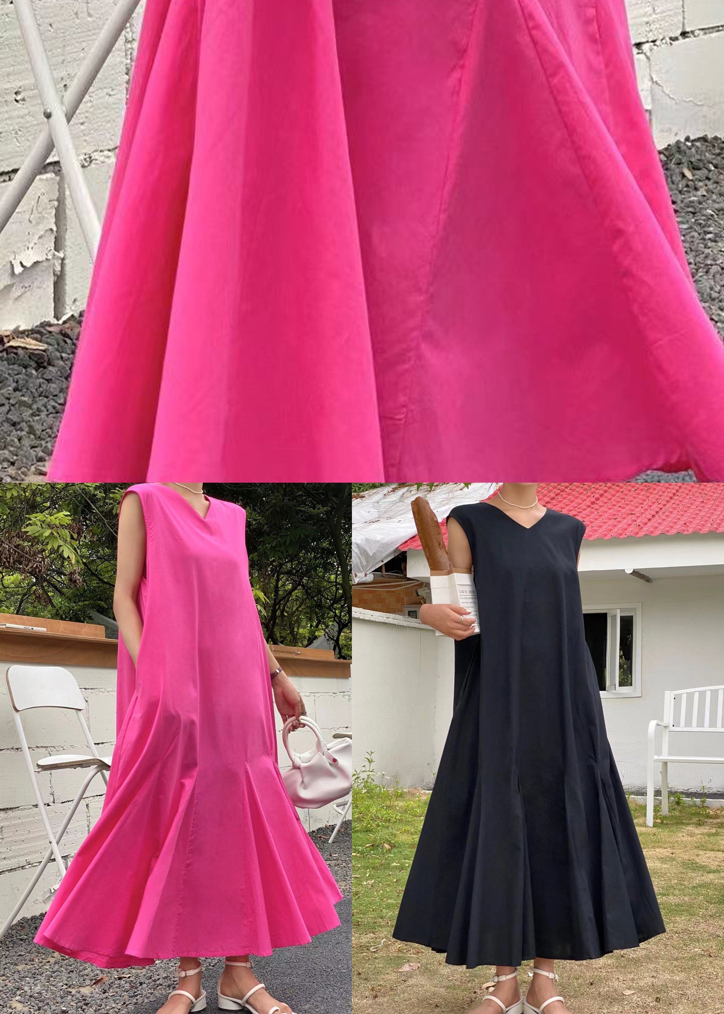 V-Neck Sleeveless Pleated Gusset Tent A-Line Maxi Dress